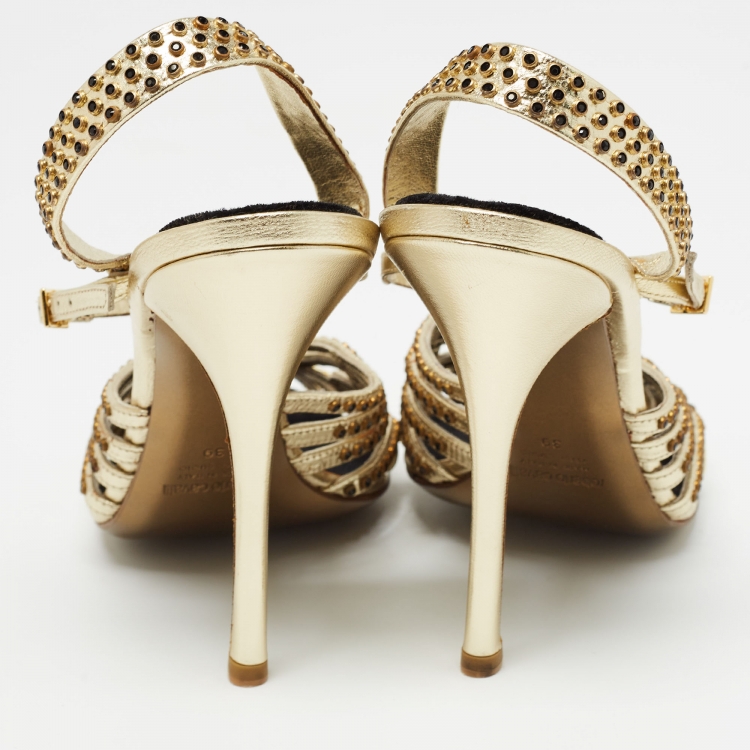 Pre Owned Roberto Cavalli Metallic Gold Leather Ankle Wrap Sandals Size 39