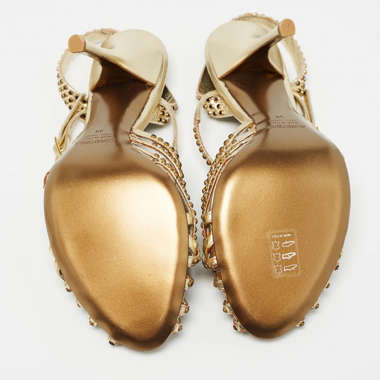Pre Owned Roberto Cavalli Metallic Gold Leather Ankle Wrap Sandals Size 39