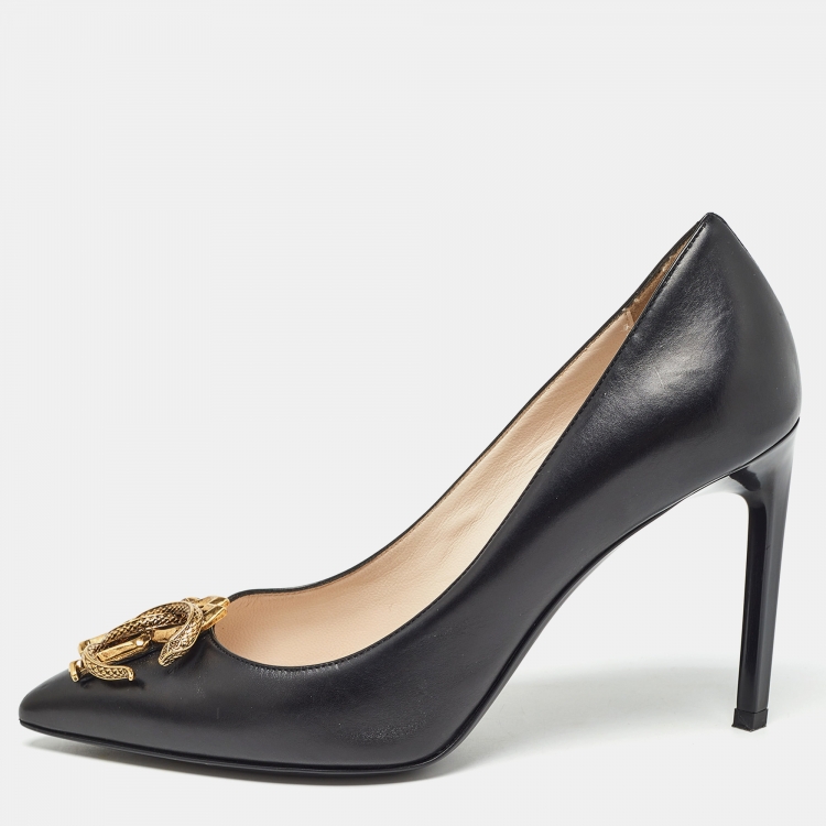 Pre Owned Roberto Cavalli Black Leather Embellished Pointed Toe Pumps Size 37