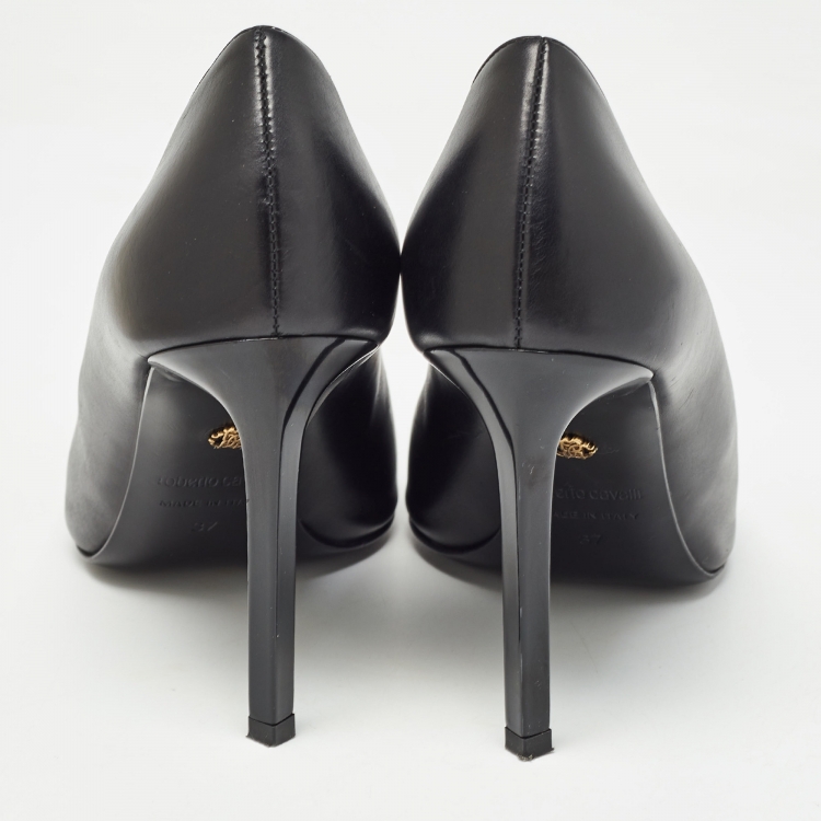 Pre Owned Roberto Cavalli Black Leather Embellished Pointed Toe Pumps Size 37