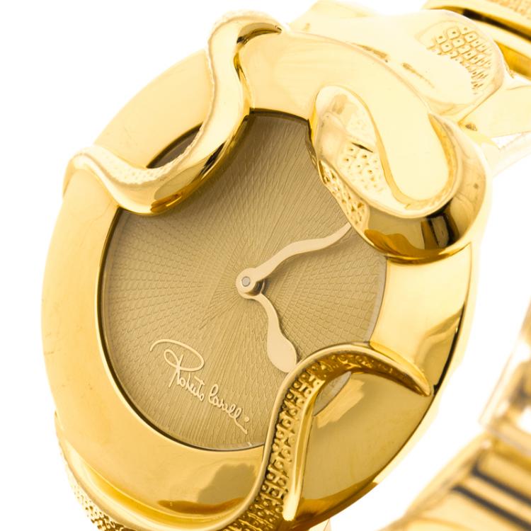 Pre Owned Roberto Cavalli Cream Gold-Plated Stainless Steel Snake Women's Wristwatch 37 mm