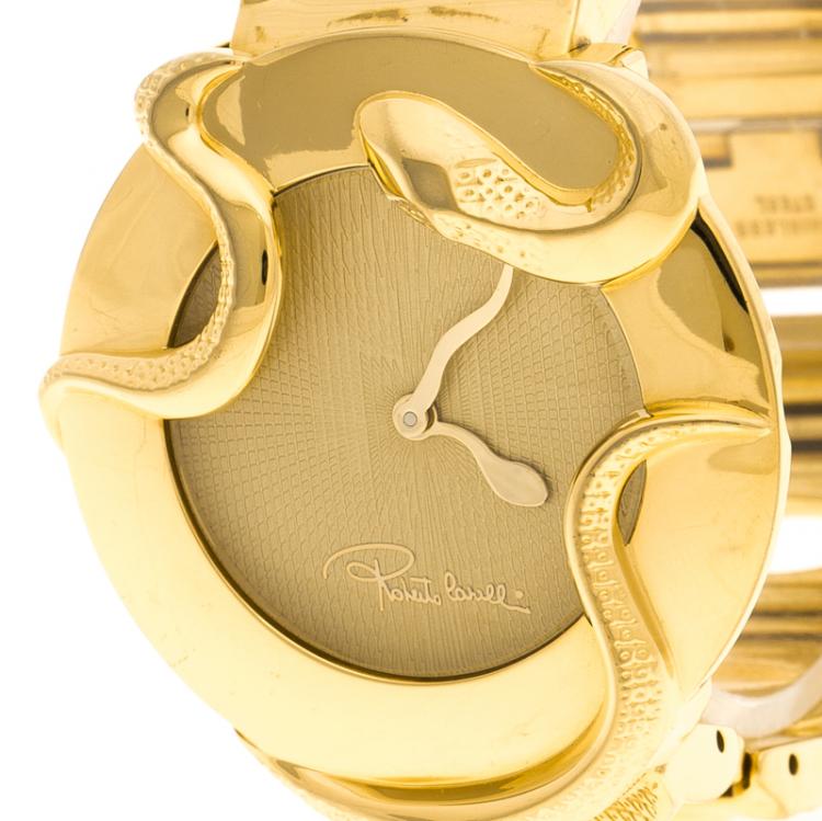Pre Owned Roberto Cavalli Cream Gold-Plated Stainless Steel Snake Women's Wristwatch 37 mm