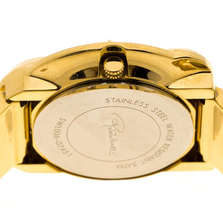 Pre Owned Roberto Cavalli Cream Gold-Plated Stainless Steel Snake Women's Wristwatch 37 mm