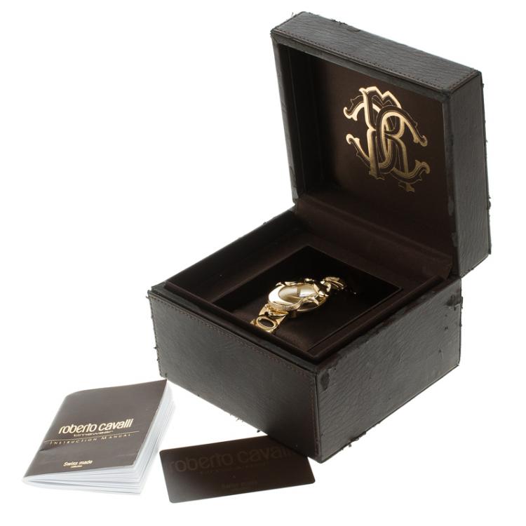 Pre Owned Roberto Cavalli Cream Gold-Plated Stainless Steel Snake Women's Wristwatch 37 mm