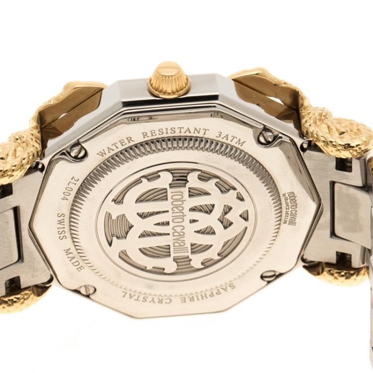 Pre Owned Roberto Cavalli Silver Cream Gold Plated Stainless Steel Diamonds by Frank Muller Women's Wristwatch 36 mm
