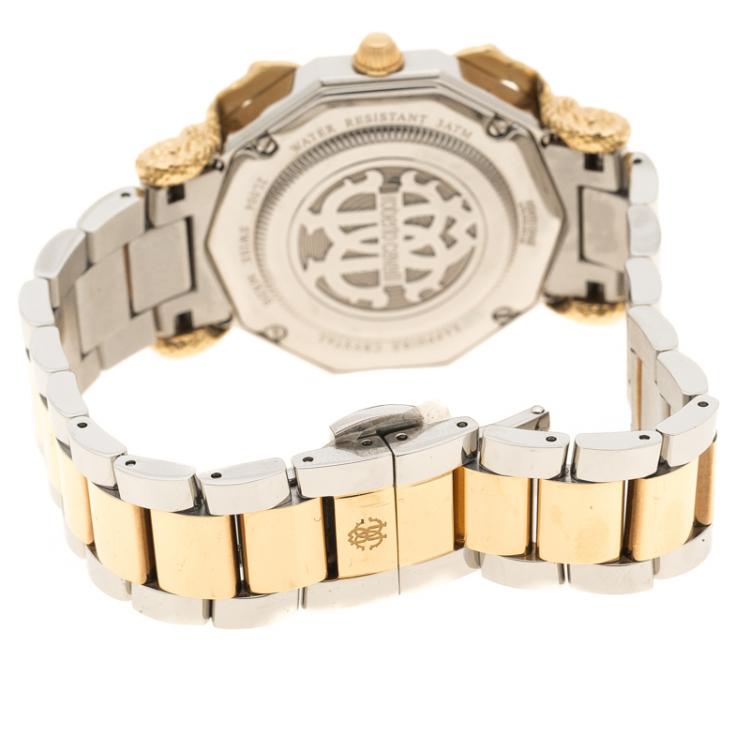 Pre Owned Roberto Cavalli Silver Cream Gold Plated Stainless Steel Diamonds by Frank Muller Women's Wristwatch 36 mm