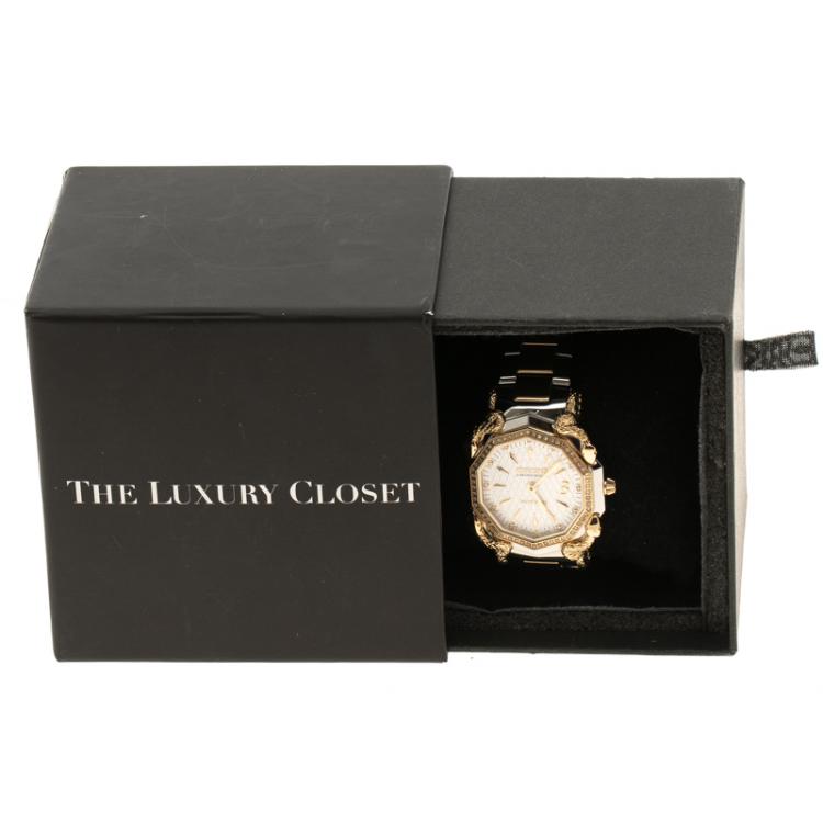 Pre Owned Roberto Cavalli Silver Cream Gold Plated Stainless Steel Diamonds by Frank Muller Women's Wristwatch 36 mm