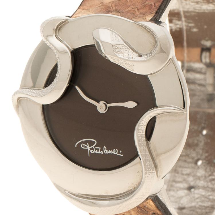 Pre Owned Roberto Cavalli Brown Stainless Steel Snake R7251165535 Women's Wristwatch 38 mm