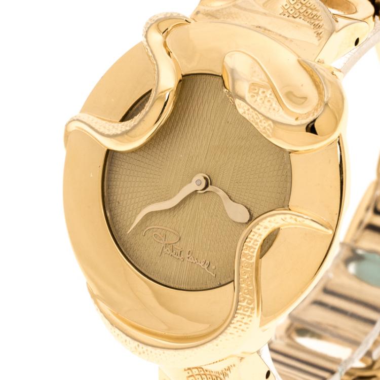 مملوكة مسبقًا Roberto Cavalli Cream Gold-Plated Stainless Steel Snake SWL006-07451 Women's Wristwatch 37 mm