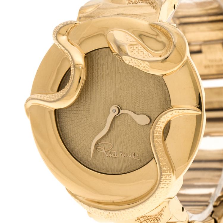 مملوكة مسبقًا Roberto Cavalli Cream Gold-Plated Stainless Steel Snake SWL006-07451 Women's Wristwatch 37 mm