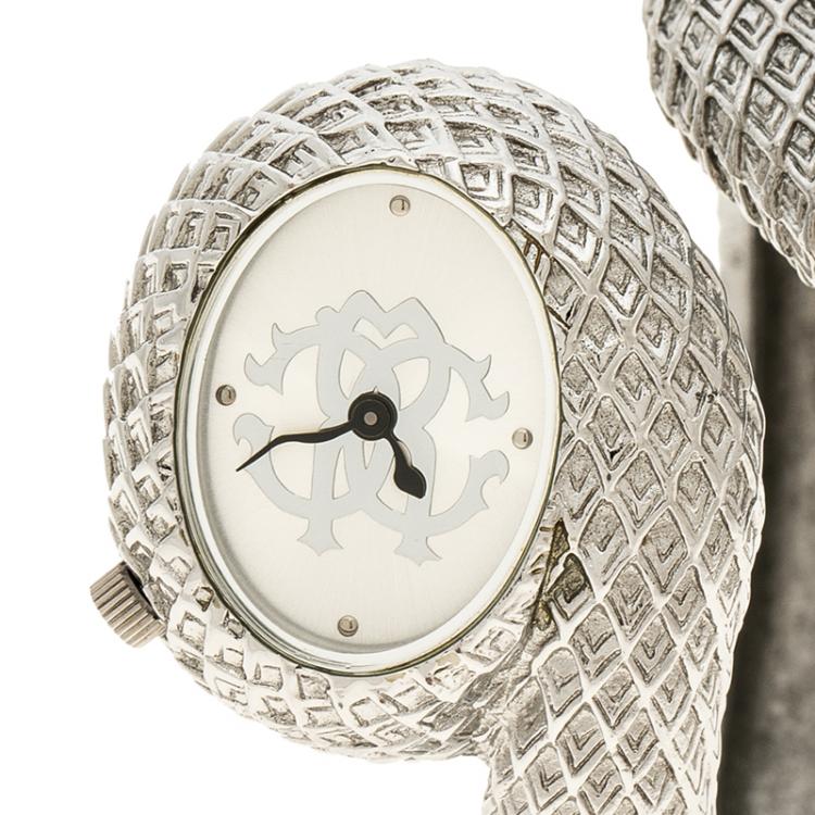 Pre Owned Roberto Cavalli Silver Stainless Steel Bangle Bracelet R7253 Women's Wristwatch 30 mm