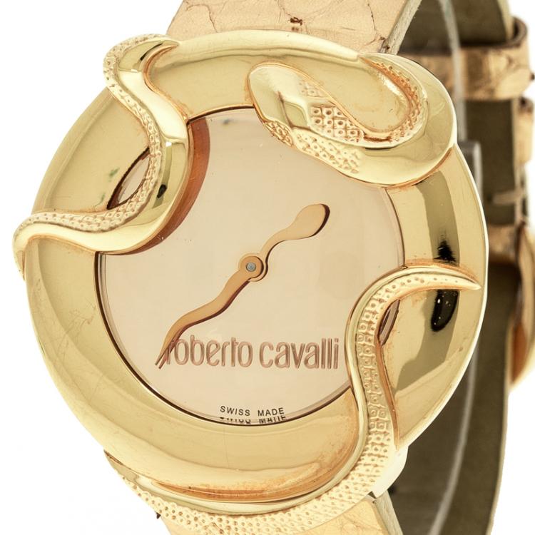 Pre Owned Roberto Cavalli Rose Gold-Plated Stainless Steel Snake Women's Wristwatch 37 mm