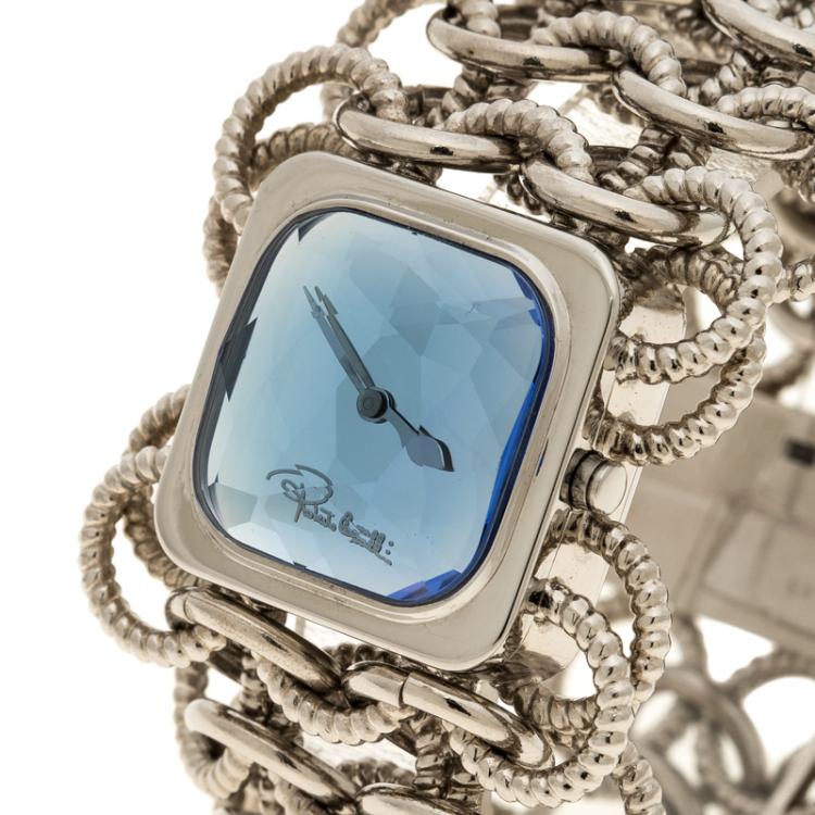 مملوكة مسبقًا Roberto Cavalli Blue Stainless Steel Chain Link Women's Wristwatch 24 mm