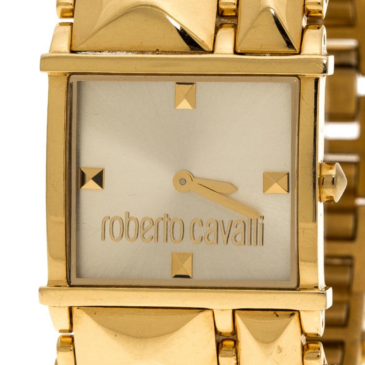 Pre Owned Roberto Cavalli Gold Tone Stainless Steel Rectangle Women's Wristwatch 27 mm