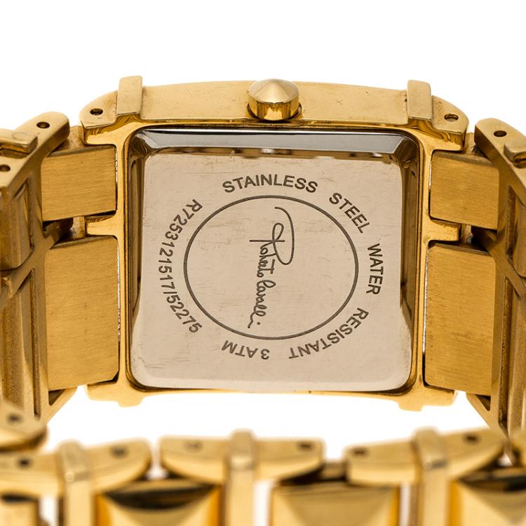 Pre Owned Roberto Cavalli Gold Tone Stainless Steel Rectangle Women's Wristwatch 27 mm