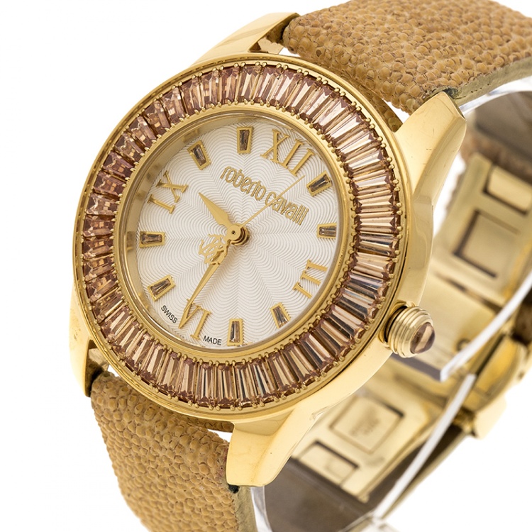 مملوكة مسبقًا Roberto Cavalli Silver White Gold-Plated Stainless Steel Crystal Fugit Women's Wristwatch 37MM