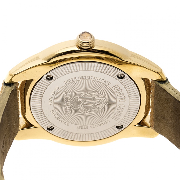 مملوكة مسبقًا Roberto Cavalli Silver White Gold-Plated Stainless Steel Crystal Fugit Women's Wristwatch 37MM