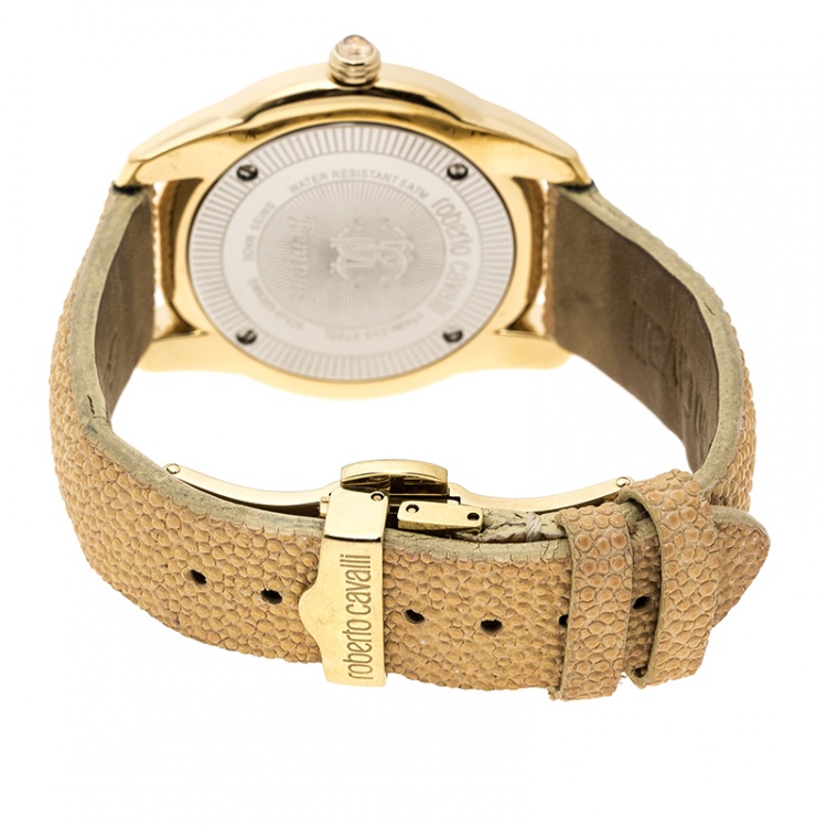 مملوكة مسبقًا Roberto Cavalli Silver White Gold-Plated Stainless Steel Crystal Fugit Women's Wristwatch 37MM