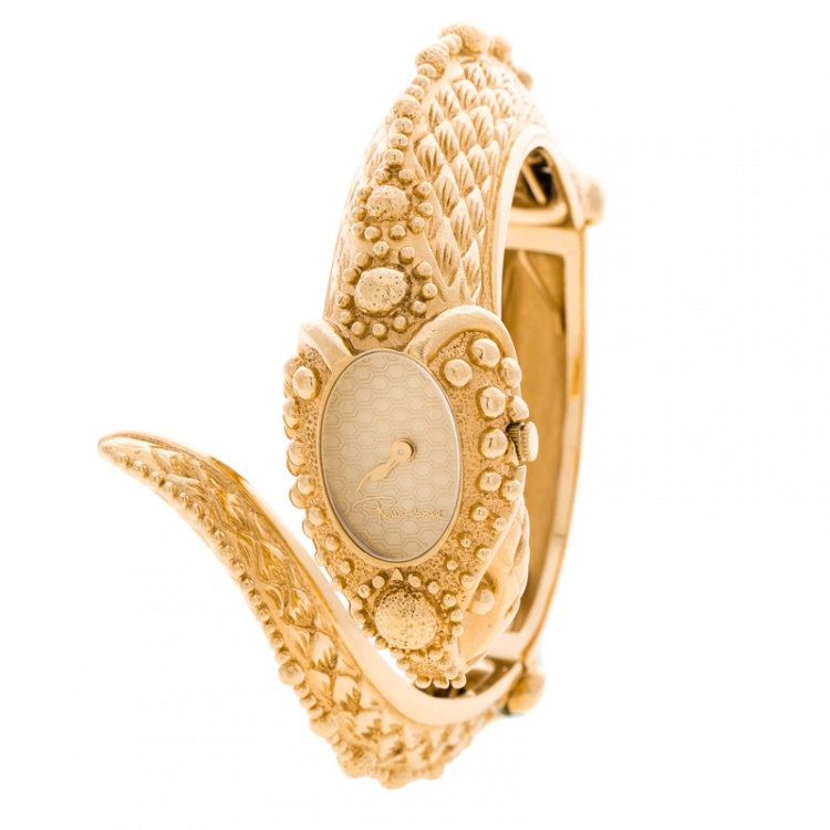 Roberto Cavalli Gold Tone Eva Snake Hinged Bangle Women's Wristwatch ...