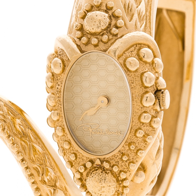 Pre Owned Roberto Cavalli Gold Tone Eva Snake Hinged Bangle Women's Wristwatch 22MM