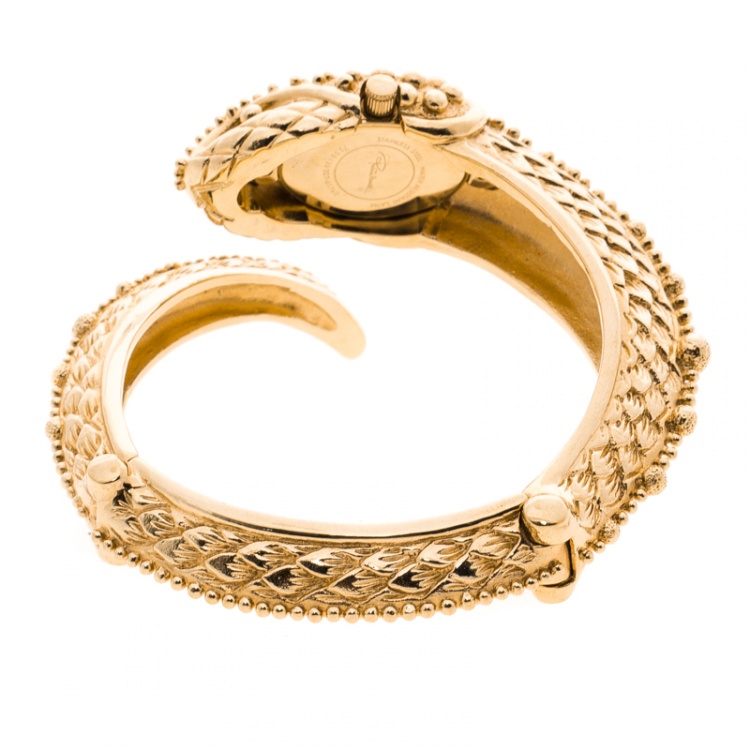Pre Owned Roberto Cavalli Gold Tone Eva Snake Hinged Bangle Women's Wristwatch 22MM