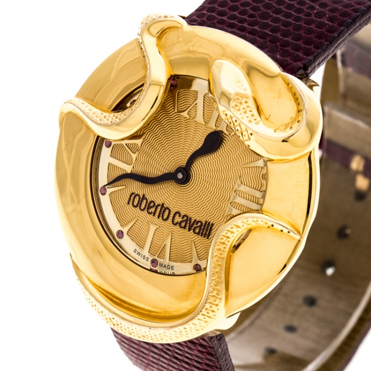 Pre Owned Roberto Cavalli Gold Plated Stainless Steel Snake 7251165528 Women's Wristwatch 38 mm