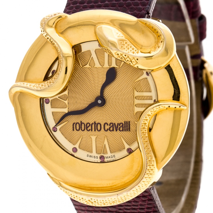 Pre Owned Roberto Cavalli Gold Plated Stainless Steel Snake 7251165528 Women's Wristwatch 38 mm