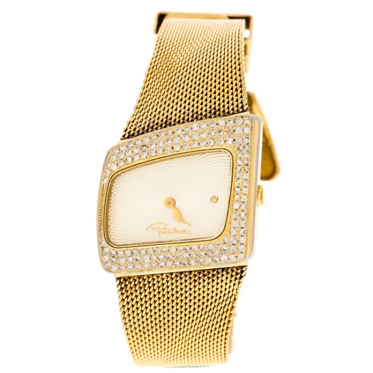 Pre Owned Roberto Cavalli Gold Plated Stainless Steel and Diamonds Curvo Women's Wristwatch 30 mm