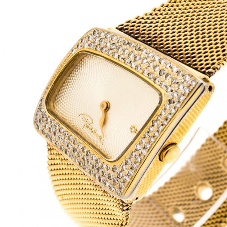 Pre Owned Roberto Cavalli Gold Plated Stainless Steel and Diamonds Curvo Women's Wristwatch 30 mm