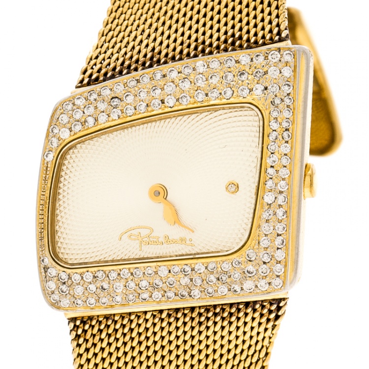 Pre Owned Roberto Cavalli Gold Plated Stainless Steel and Diamonds Curvo Women's Wristwatch 30 mm