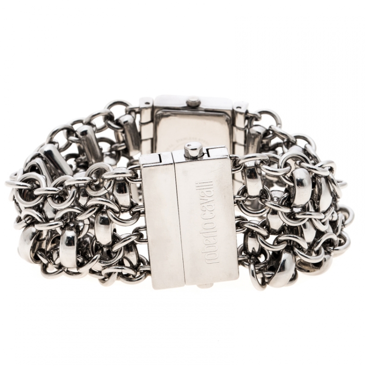 Pre Owned Roberto Cavalli Silver White Stainless Steel Chain Women's Wristwatch 28MM