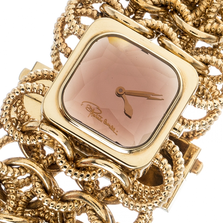 Pre Owned Roberto Cavalli Pink Yellow Gold Plated Stainless Steel Chain Link Women's Wristwatch 24 mm