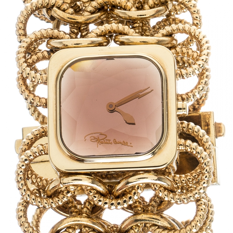 Pre Owned Roberto Cavalli Pink Yellow Gold Plated Stainless Steel Chain Link Women's Wristwatch 24 mm