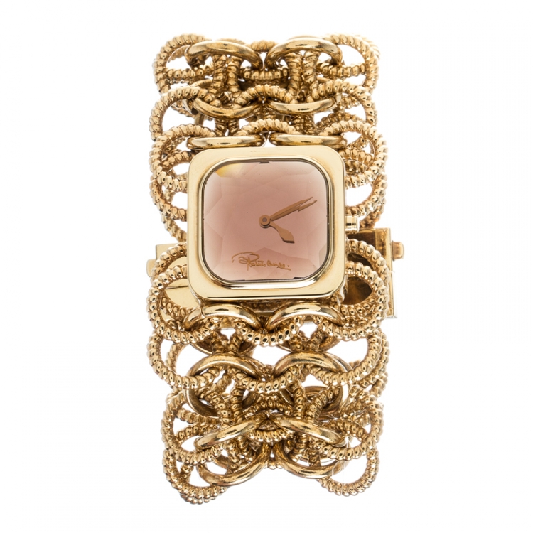 Pre Owned Roberto Cavalli Pink Yellow Gold Plated Stainless Steel Chain Link Women's Wristwatch 24 mm