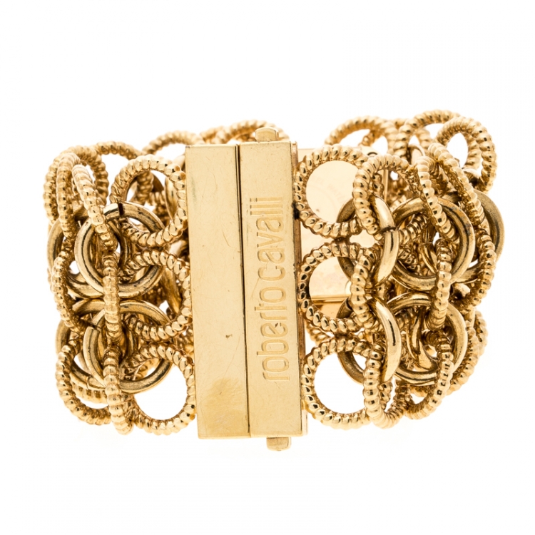 Pre Owned Roberto Cavalli Pink Yellow Gold Plated Stainless Steel Chain Link Women's Wristwatch 24 mm