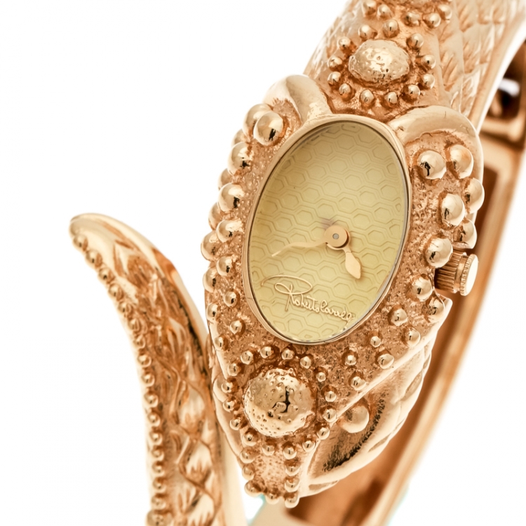 Pre Owned Roberto Cavalli Gold Tone Eva Snake R7253126027 Bangle Women's Wristwatch 22 mm