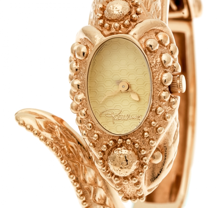 Pre Owned Roberto Cavalli Gold Tone Eva Snake R7253126027 Bangle Women's Wristwatch 22 mm
