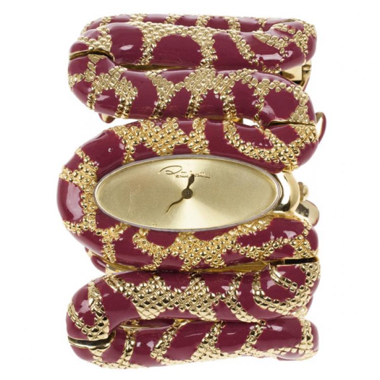 Pre Owned Roberto Cavalli Red Cleopatra Gold Plated Steel Womens Wristwatch 30M