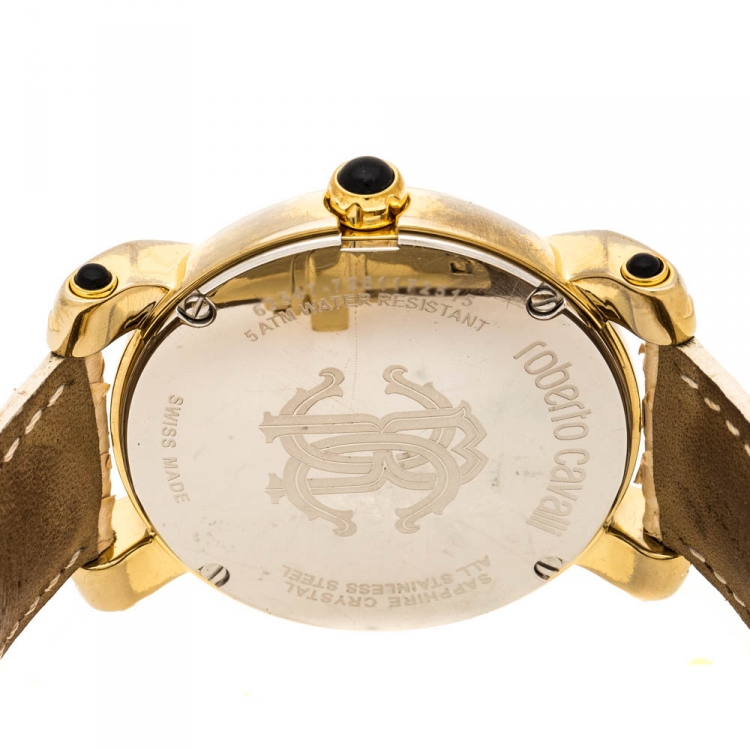 Pre Owned Roberto Cavalli Silver White Dial Gold Plated Stainless Steel 7251172515 Women's Wristwatch 40 mm