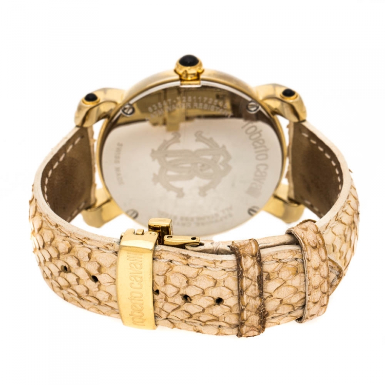 Pre Owned Roberto Cavalli Silver White Dial Gold Plated Stainless Steel 7251172515 Women's Wristwatch 40 mm