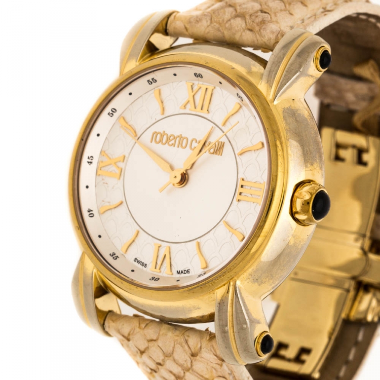 Pre Owned Roberto Cavalli Silver White Dial Gold Plated Stainless Steel 7251172515 Women's Wristwatch 40 mm