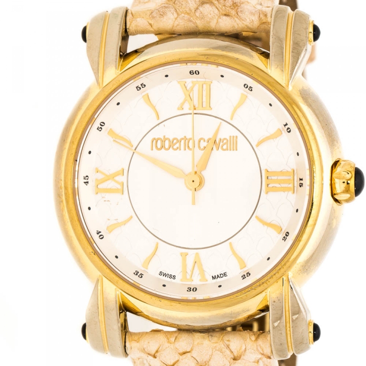 Pre Owned Roberto Cavalli Silver White Dial Gold Plated Stainless Steel 7251172515 Women's Wristwatch 40 mm