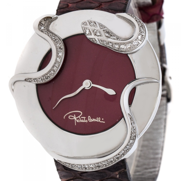 Pre Owned Roberto Cavalli Maroon Stainless Steel Diamonds Snake 7251165523 Women's Wristwatch 38 mm
