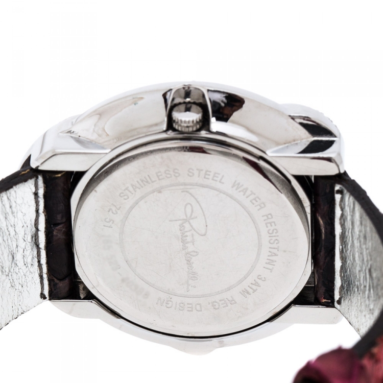 Pre Owned Roberto Cavalli Maroon Stainless Steel Diamonds Snake 7251165523 Women's Wristwatch 38 mm