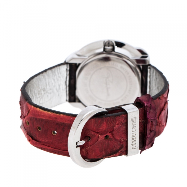 Pre Owned Roberto Cavalli Maroon Stainless Steel Diamonds Snake 7251165523 Women's Wristwatch 38 mm