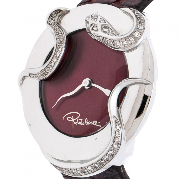Pre Owned Roberto Cavalli Maroon Stainless Steel Diamonds Snake 7251165523 Women's Wristwatch 38 mm