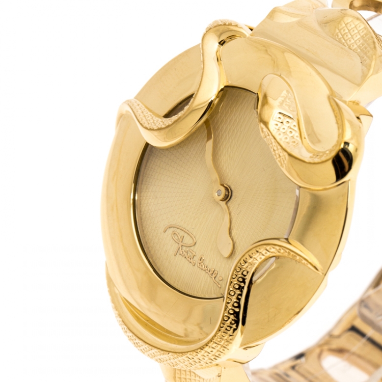 Pre Owned Roberto Cavalli Yellow Gold Plated Stainless Steel Snake Women's Wristwatch 37 mm