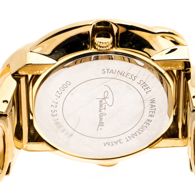 Pre Owned Roberto Cavalli Yellow Gold Plated Stainless Steel Snake Women's Wristwatch 37 mm