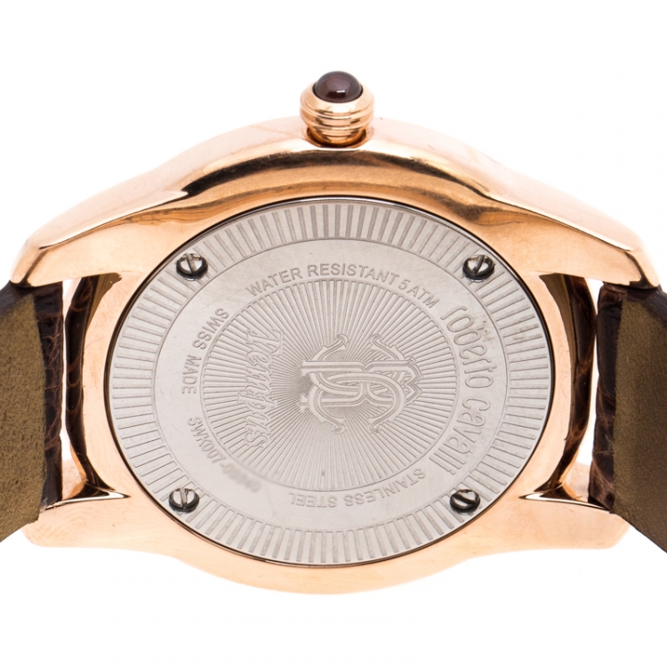 Pre Owned Roberto Cavalli Brown Gold-Plated Stainless Steel Crystal Fugit Women's Wristwatch 36MM