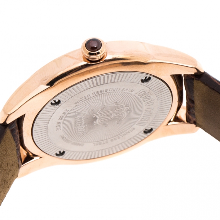 Pre Owned Roberto Cavalli Brown Gold-Plated Stainless Steel Crystal Fugit Women's Wristwatch 36MM